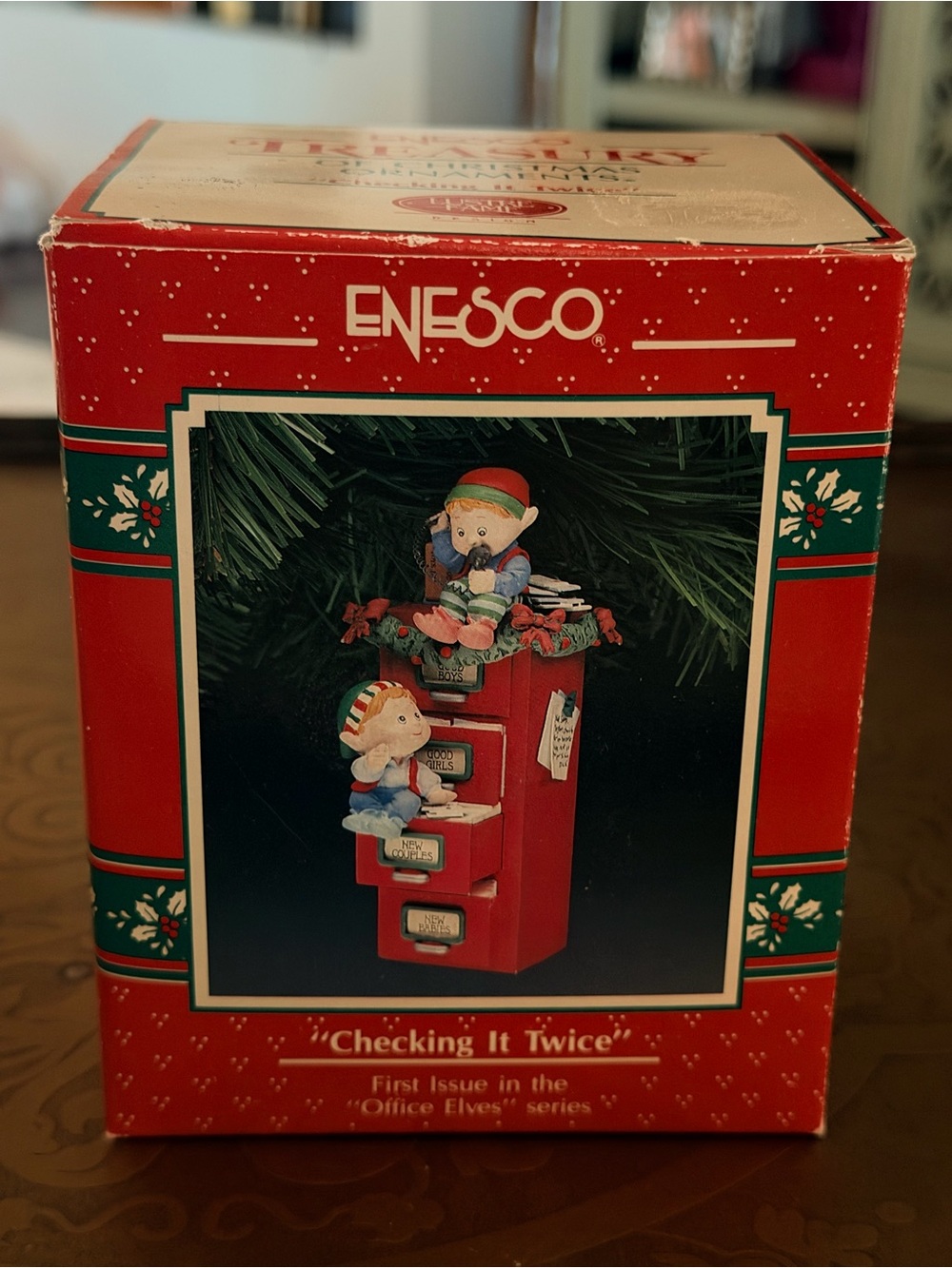 Enesco Red and Green Office Elves Holiday Checking it Twice